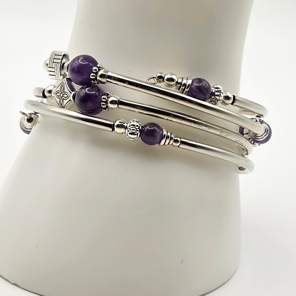 Silver Tone Bangle Bracelet Set w/ Purple Beads – Stackable - Picture 2 of 3